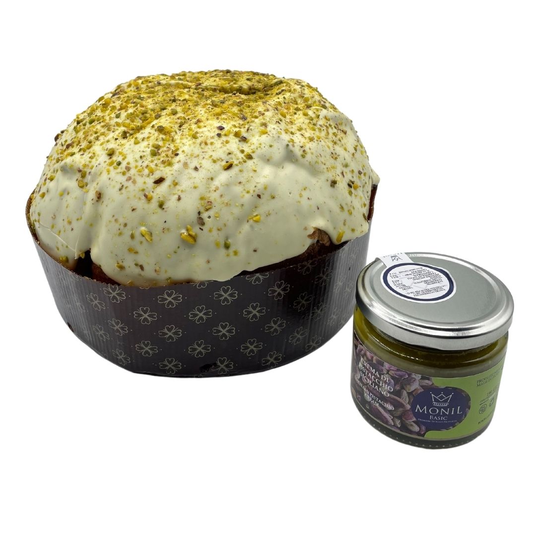 Panettone al Pistacchio 750g con Vasetto di Crema di Pistacchio siciliano 190g