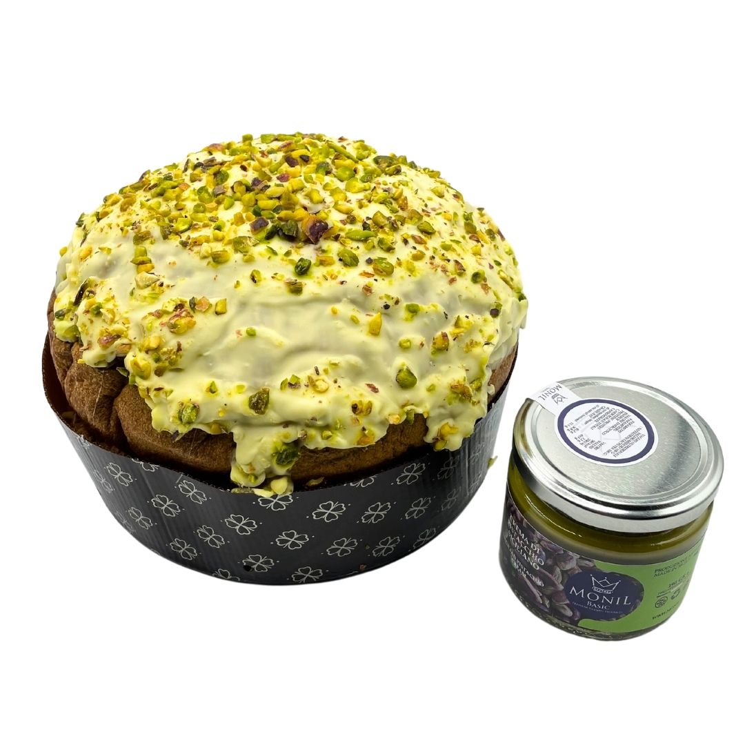 Panettone al Pistacchio 750g con Vasetto di Crema di Pistacchio siciliano 190g